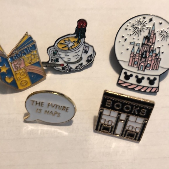 Jewelry - 5 Pins Brooches DIsney Weed Tea Book Nap